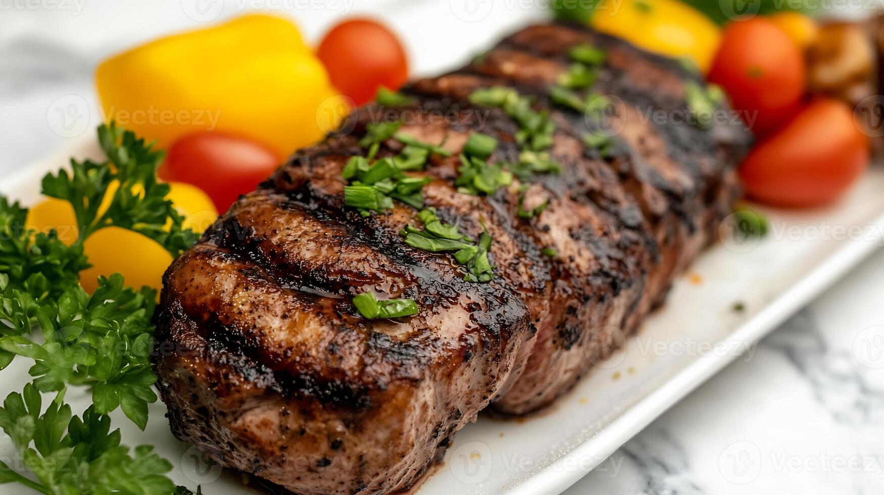 Grilled juicy steak with fresh vegetables and herbs served on a platter perfect for a summer barbecue photo
