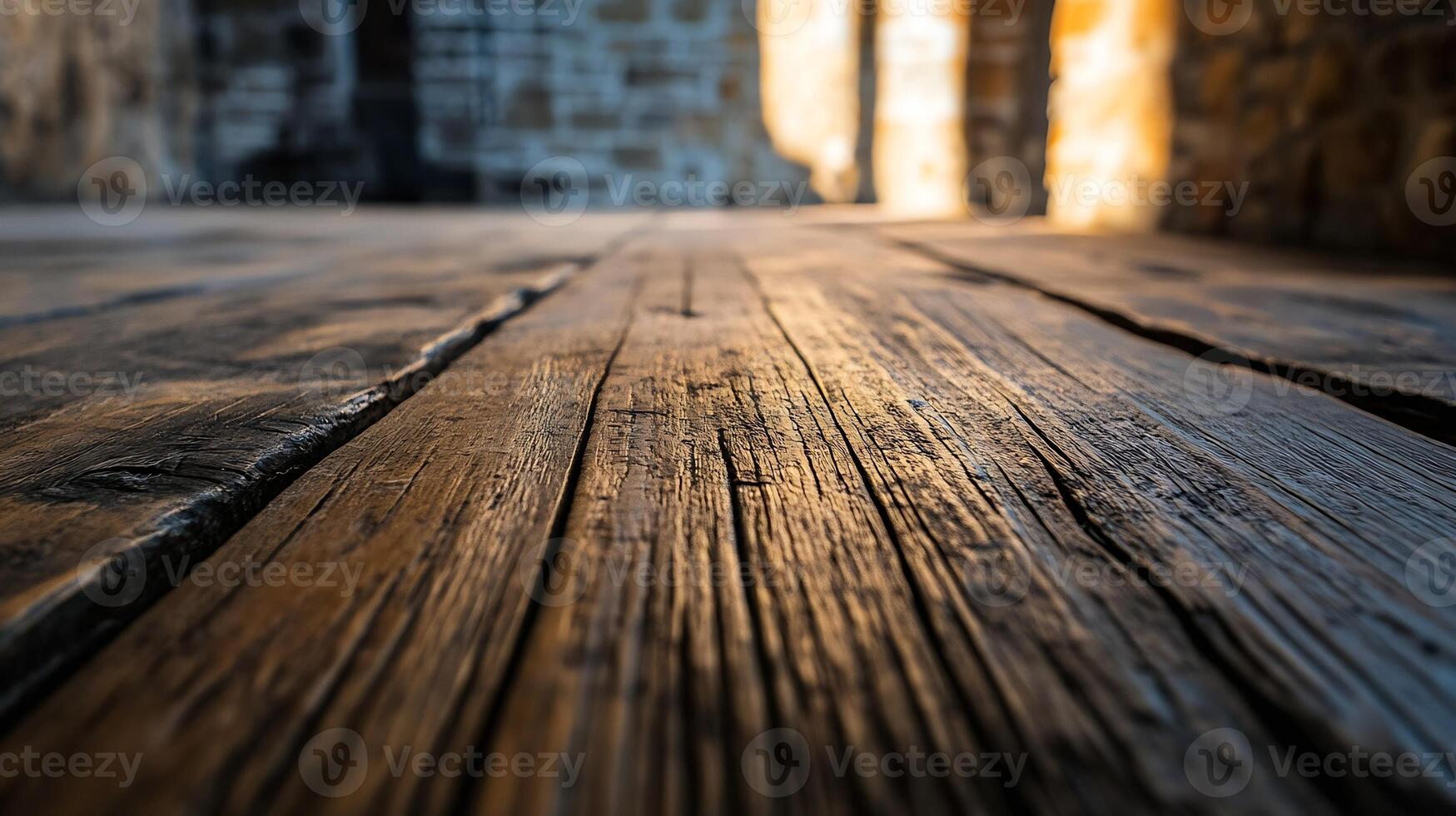 Rustic Weathered Wooden Floor with Light Cast from Open Barn Doors in Rural Setting photo