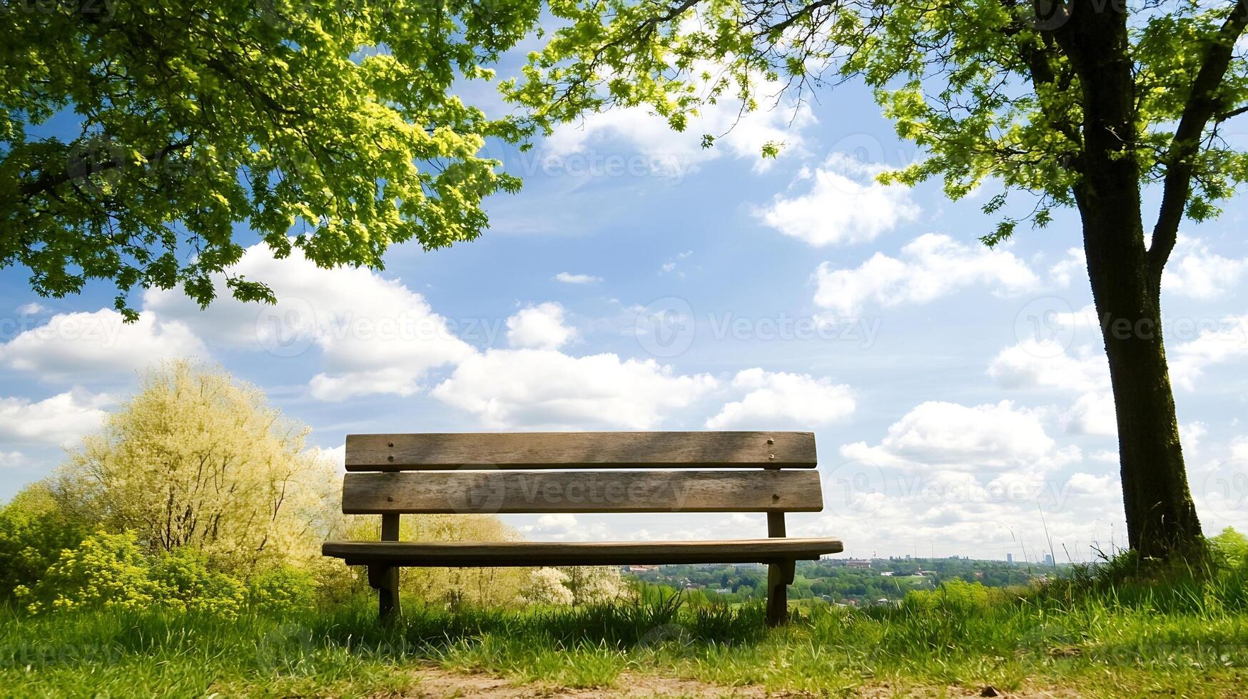 Serene Park Scene featuring an Empty Wooden Bench Under Blossoming Trees on a Sunny Day photo