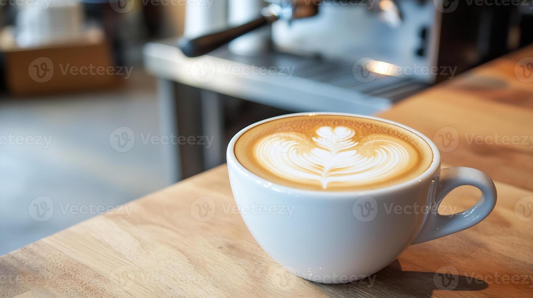 Steaming Latte with Elegant Leaf Art in a White Cup on Wooden Cafe Table photo
