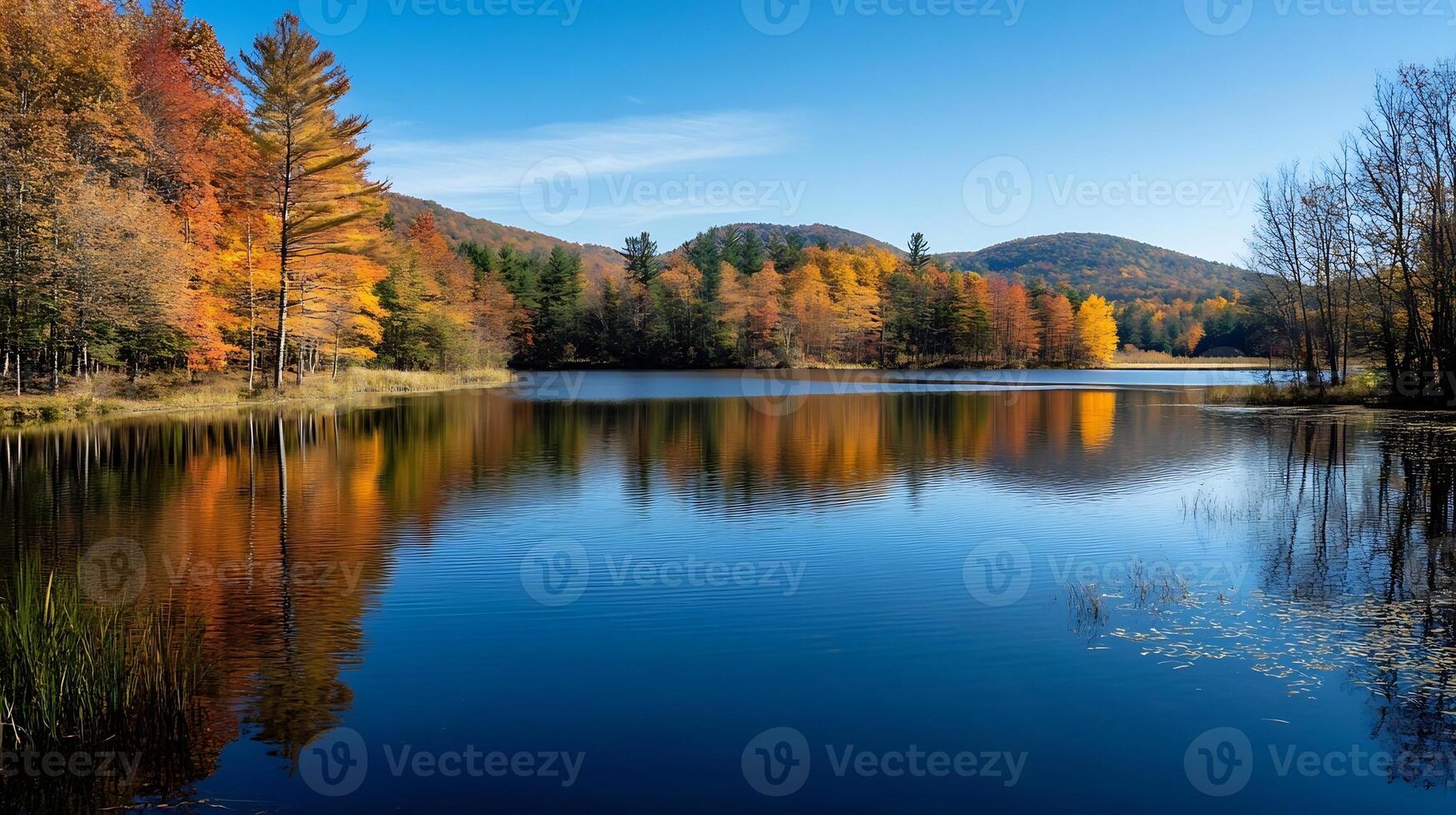 Serene Lake with Autumn Trees Reflecting in Clear Water Under Blue Sky photo