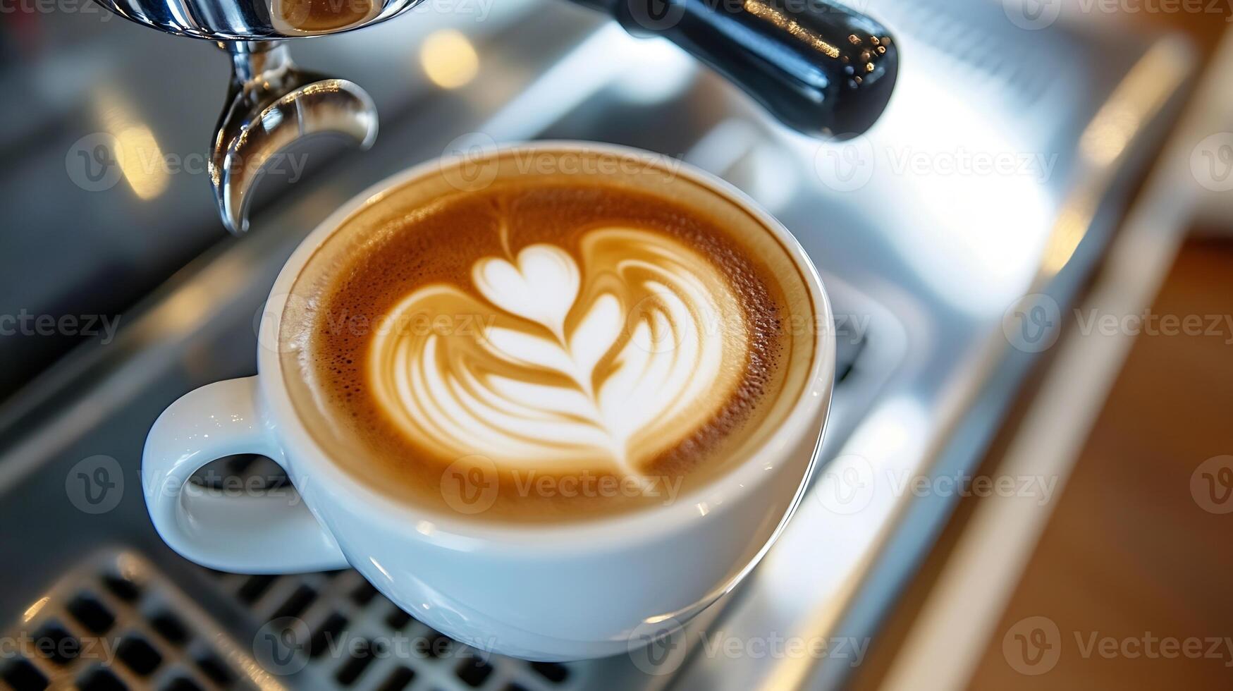 Close-Up of a Creamy Latte with Intricate Latte Art on Coffee Machine Background - Ideal for Beverage Advertising photo