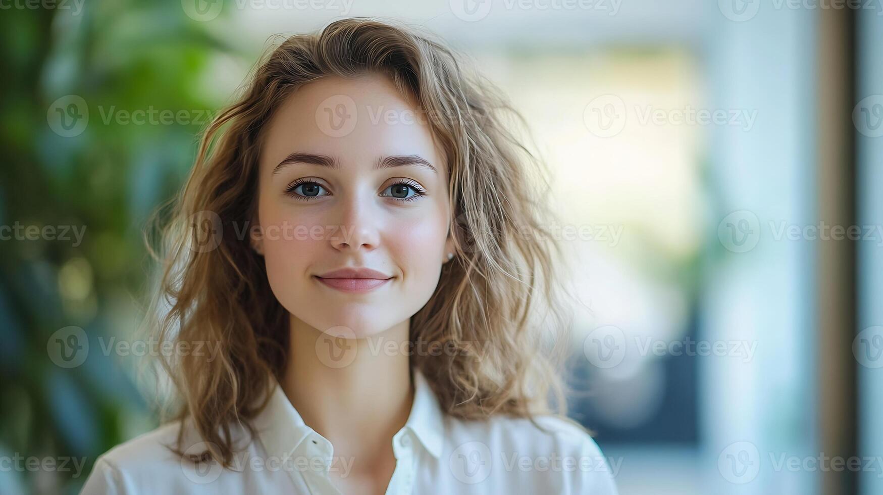 Portrait of a Young Woman Smiling with Natural Light Bokeh Background photo