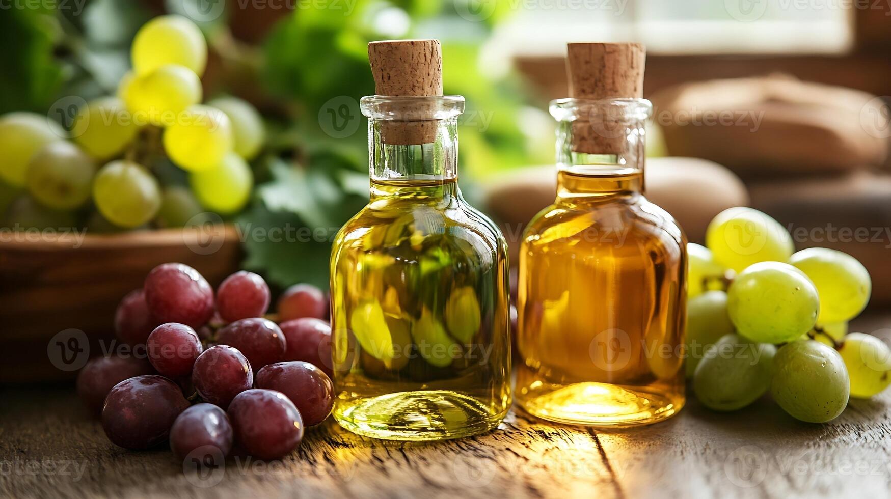 Natural Freshness Bottled Grape Seed Oil with Assorted Grapes on Rustic Wooden Table photo