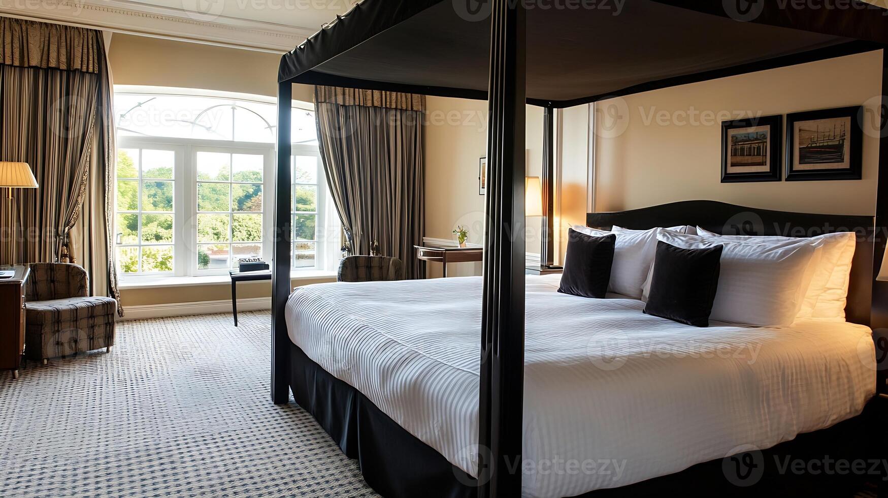 Spacious hotel room with a grand canopy bed and panoramic garden views through wide windows photo