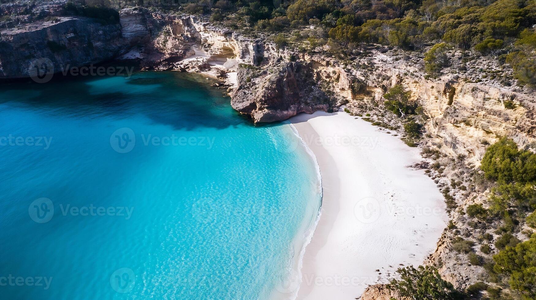 Hidden Cove with Crystal Clear Turquoise Water and Soft White Sand Surrounded by Cliffs photo
