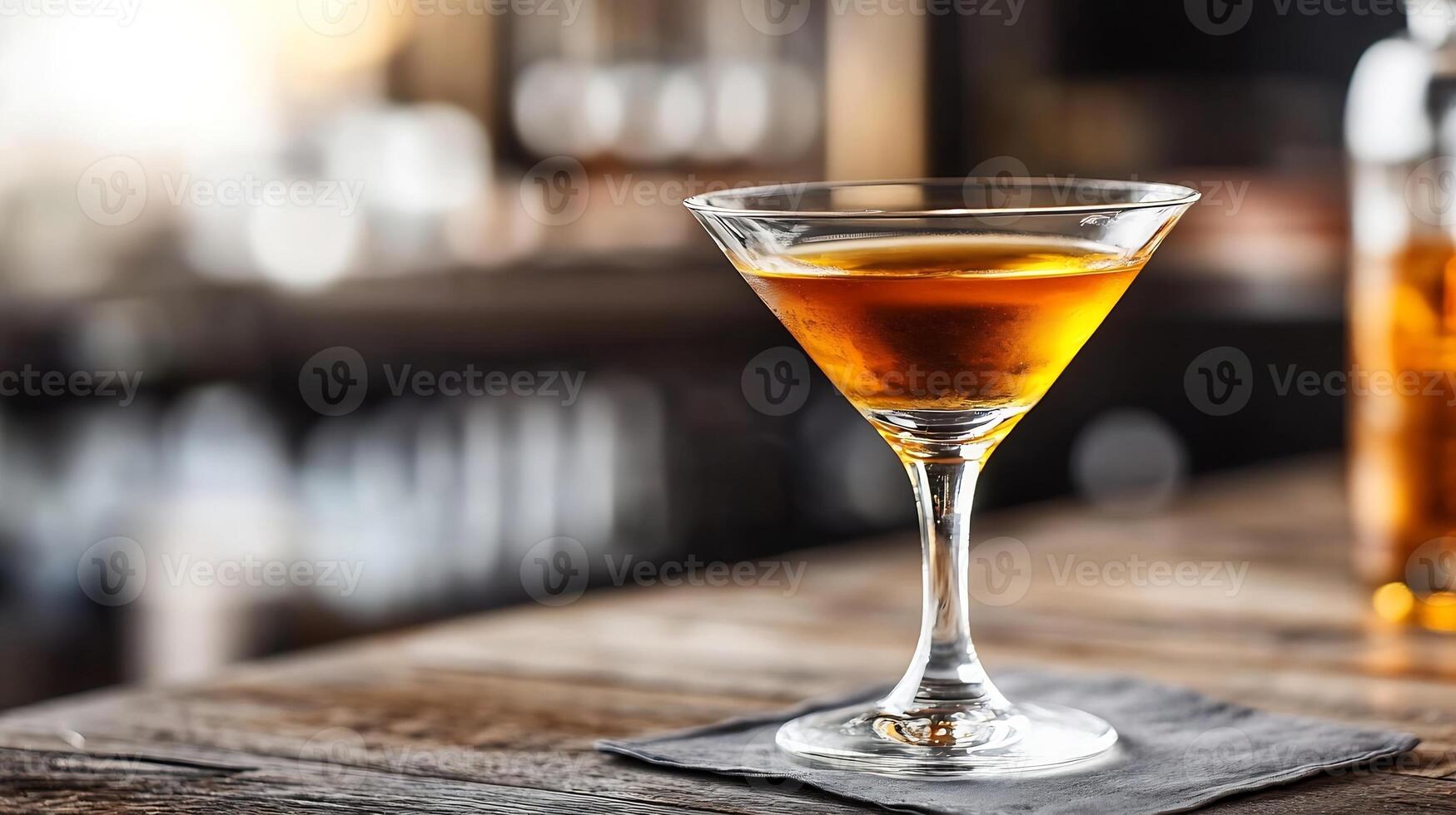 Elegant Cocktail Glass on Rustic Bar Table with Blurred Background photo