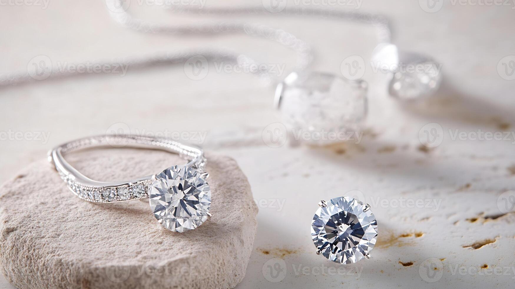 Elegant Display of Diamond Jewelry on Marble Surface with Subtle Lighting photo