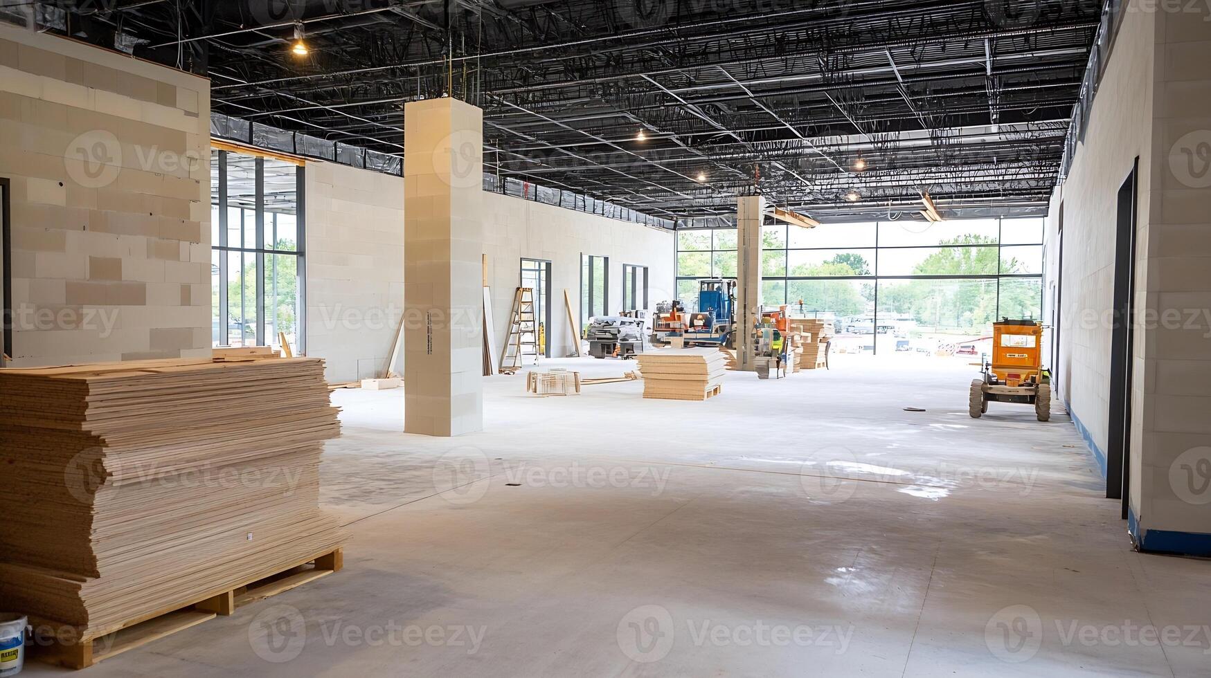 Spacious Industrial Style Interior with Construction Materials and Equipment photo