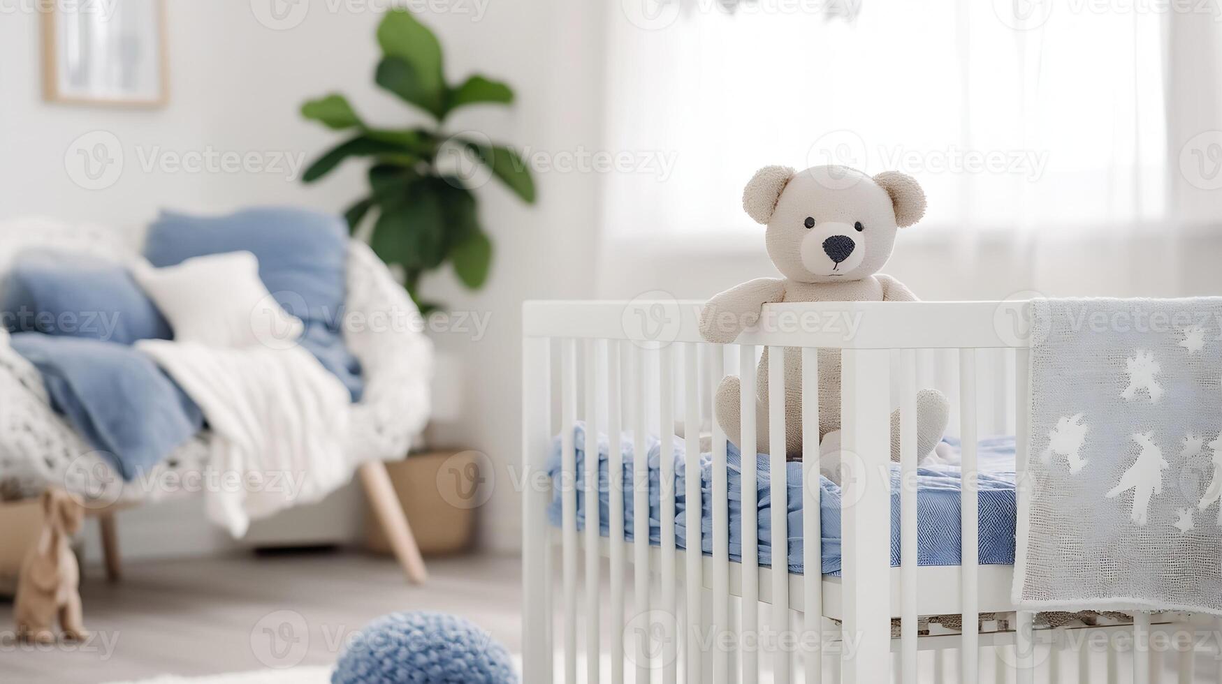 Cozy Baby Nursery with Teddy Bear Decor and Soft Blue Color Scheme for a Calming Atmosphere photo