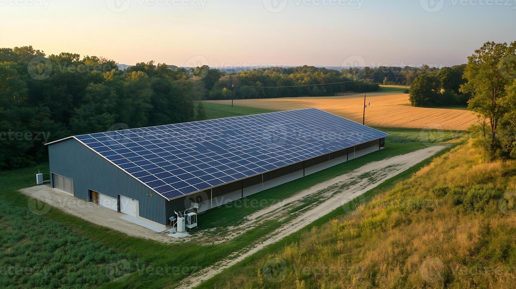 Expansive solar panel installation on rural farm surrounded by fields and trees photo