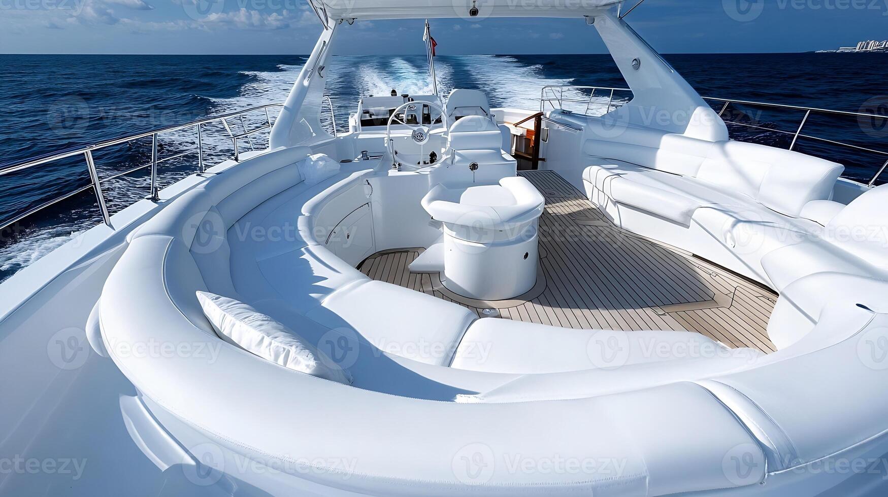 Luxurious White Yacht Cockpit with Plush Seating on Open Sea photo