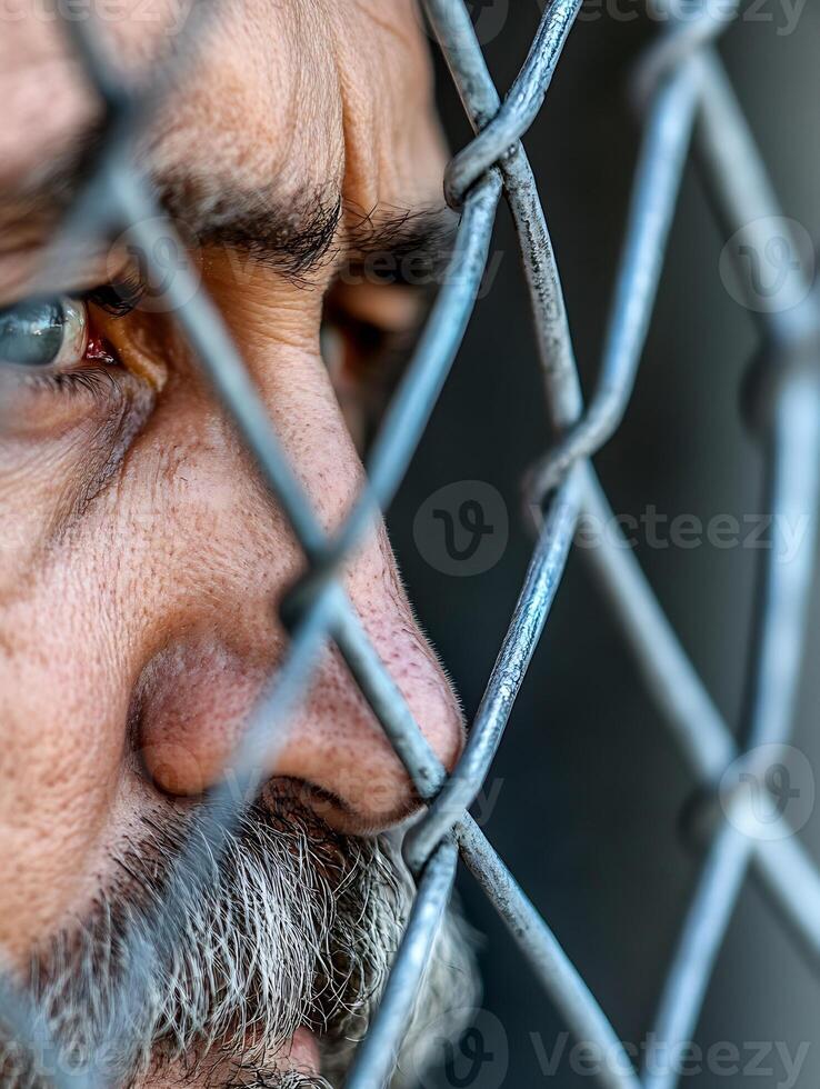 Pensive Elderly Man Behind Wire with Reflective and Thoughtful Expression photo