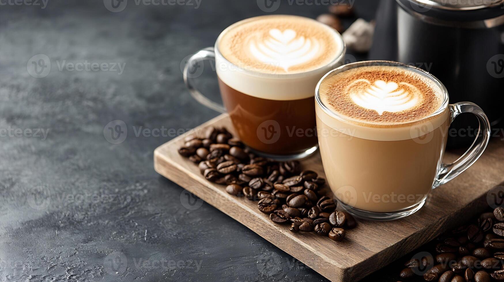 Delicious Cappuccino and Latte on Wooden Tray with Coffee Beans on Dark Surface photo