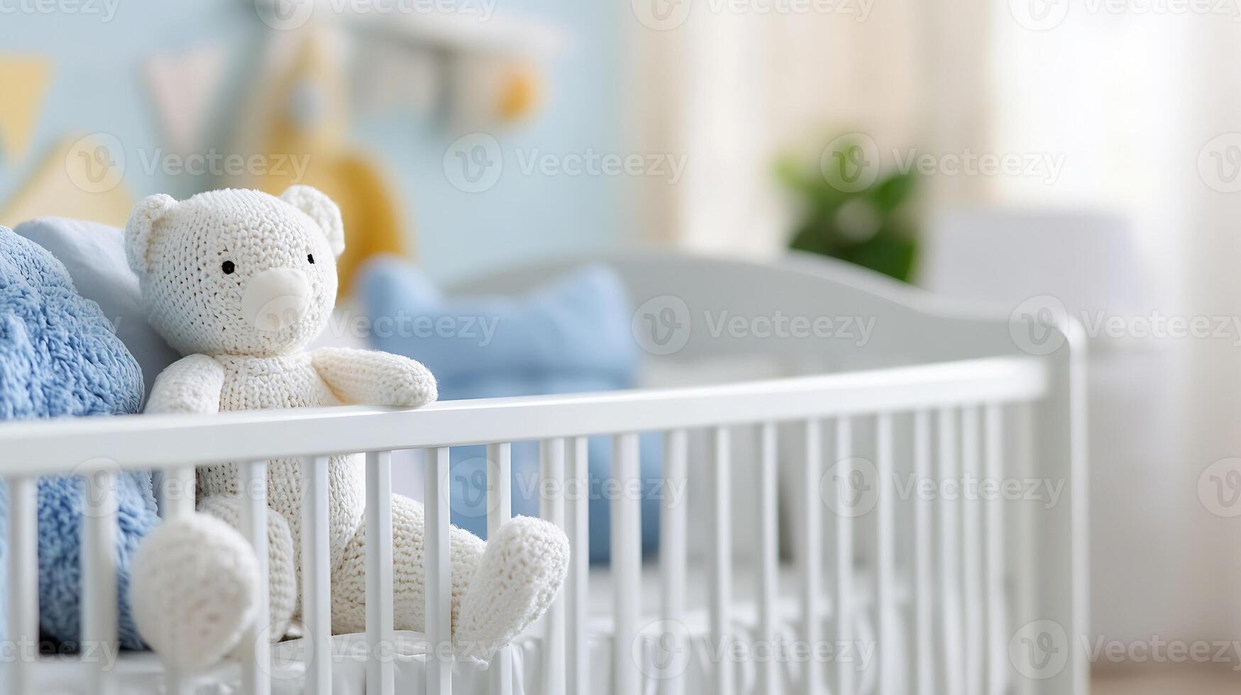 Soft White Crochet Teddy Bear Placed on Baby Crib in Light Pastel Nursery Room photo