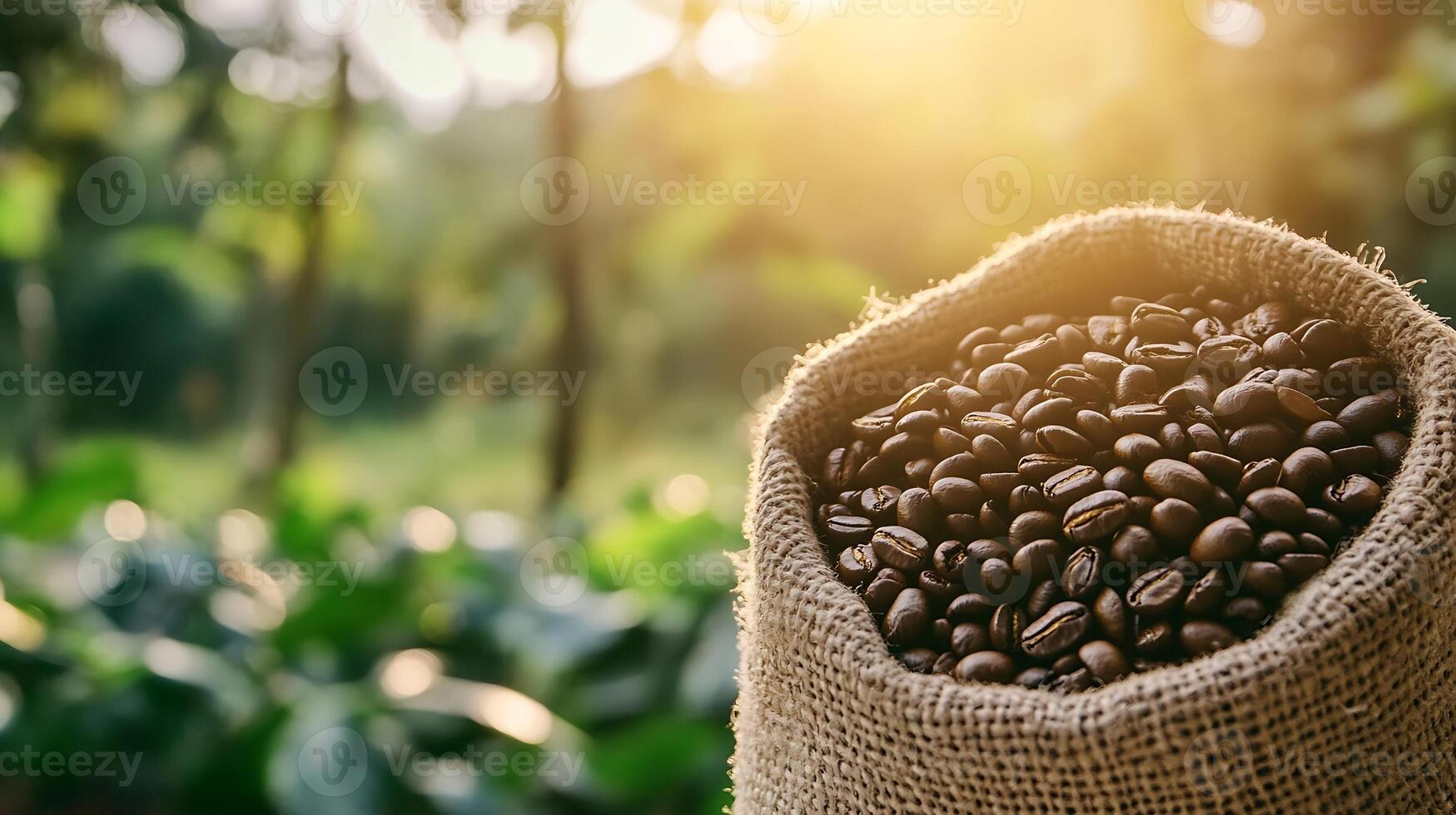 Rustic Hessian Sack of Coffee Beans with Sunlit Leafy Green Background for Rustic Charm photo