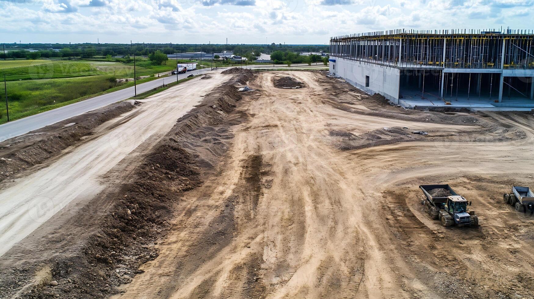 Aerial View of Construction Site in Progress Surrounded by Fields photo