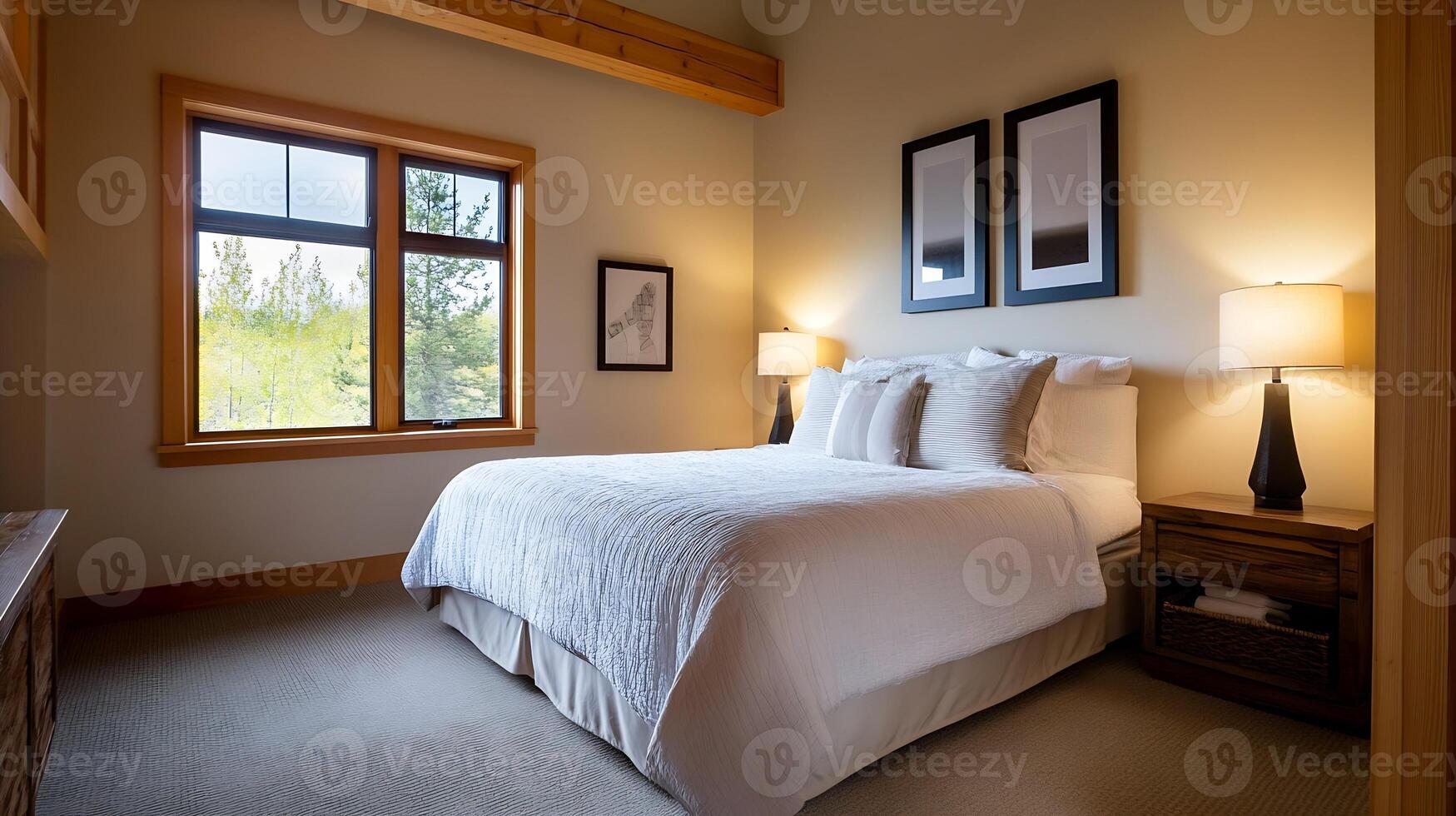 Cozy Modern Bedroom with Elegant Decor and Forest View from Large Windows Enhancing Relaxation photo