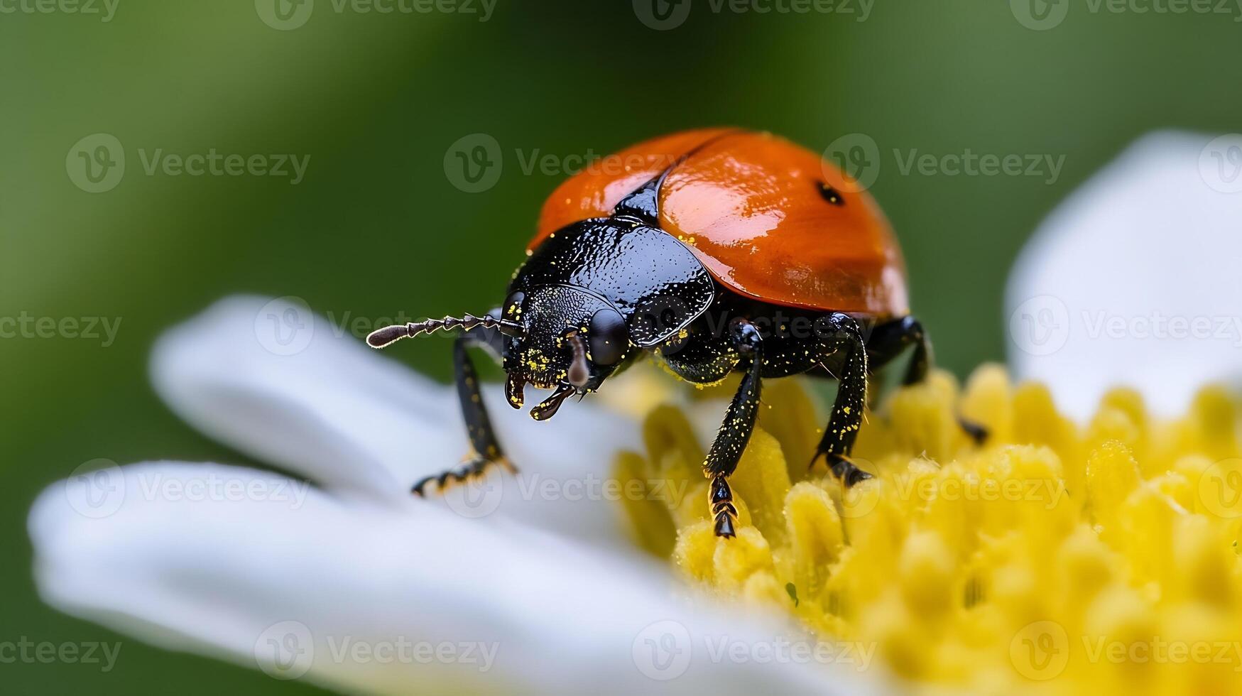 Macro Shot of a Beetle on White Flower with Yellow Center photo