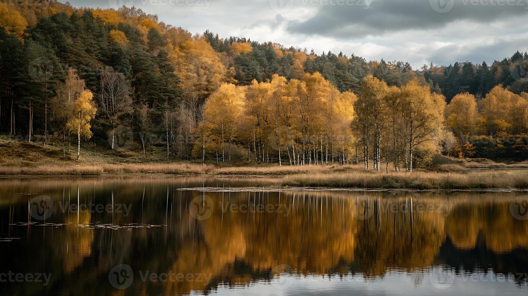 Scenic landscape view of a serene forest with autumnal trees reflecting in a calm lake photo
