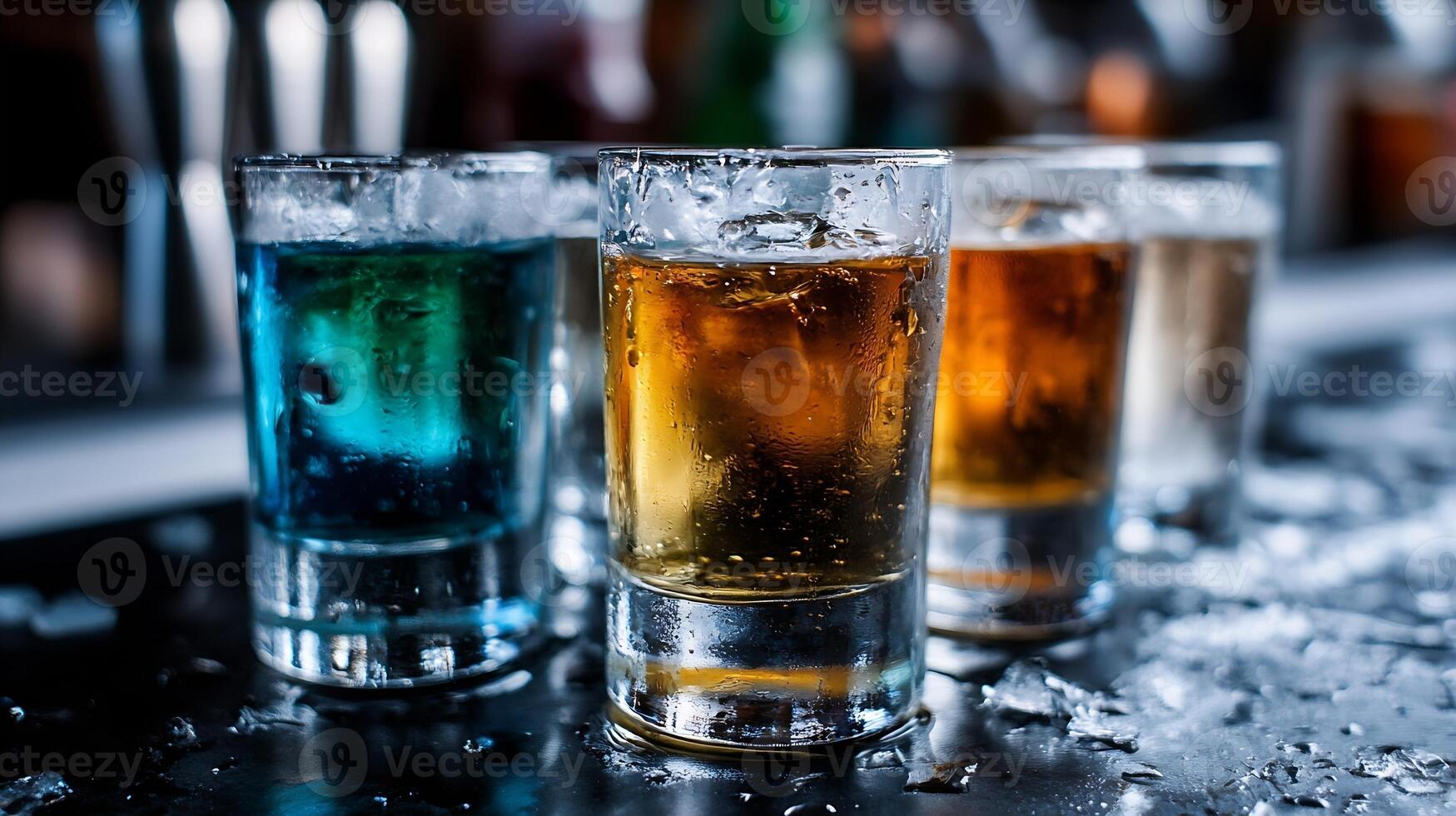 Colorful assortment of alcoholic drinks served in shot glasses on a cold bar table with ice sprinkled around photo