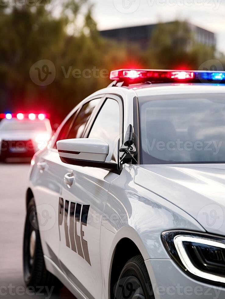 Close-up of Police Car with Flashing Lights in Urban Environment Daytime Scene photo