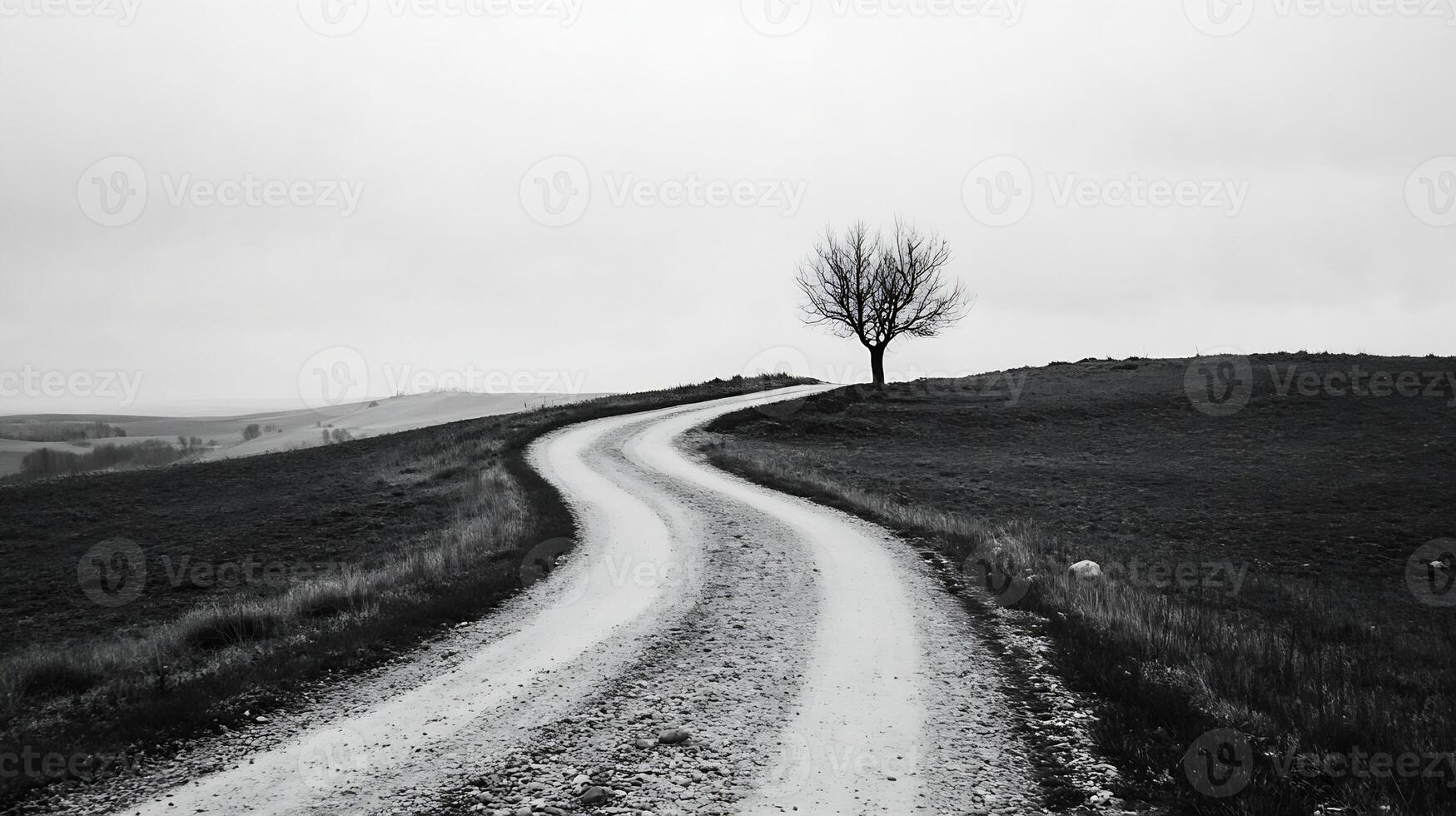 Lonely Tree on a Winding Path Through Vast Empty Landscapes in Monochrome photo