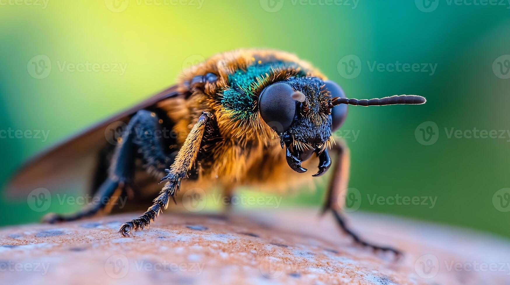 Vibrant Colorful Closeup of a Unique Bee on Natural Surface photo