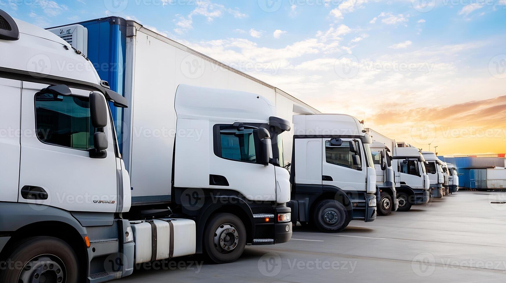 Row of Modern Trucks at Loading Dock in Industrial Area photo