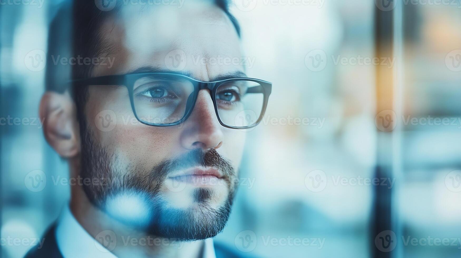 Pensive Businessman in Glasses Staring Through Window in Modern Office Setting photo
