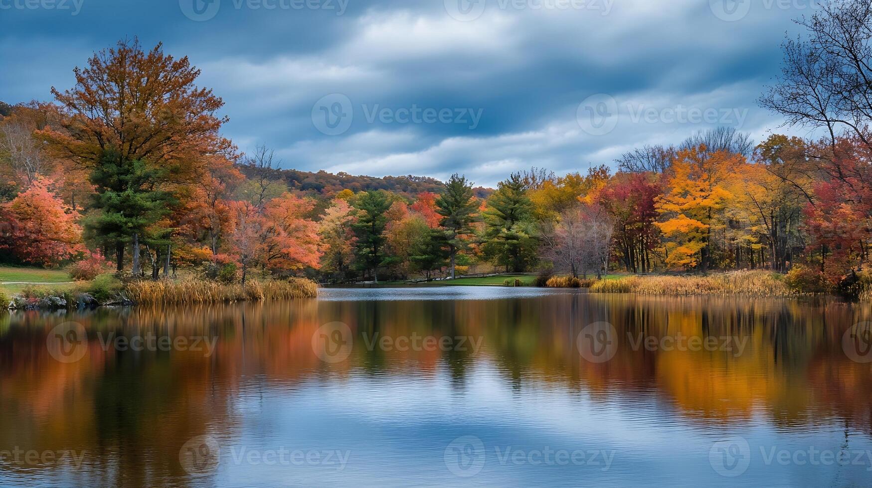 Vibrant Autumn Forest Reflected in a Calm Lake Under a Cloudy Sky photo