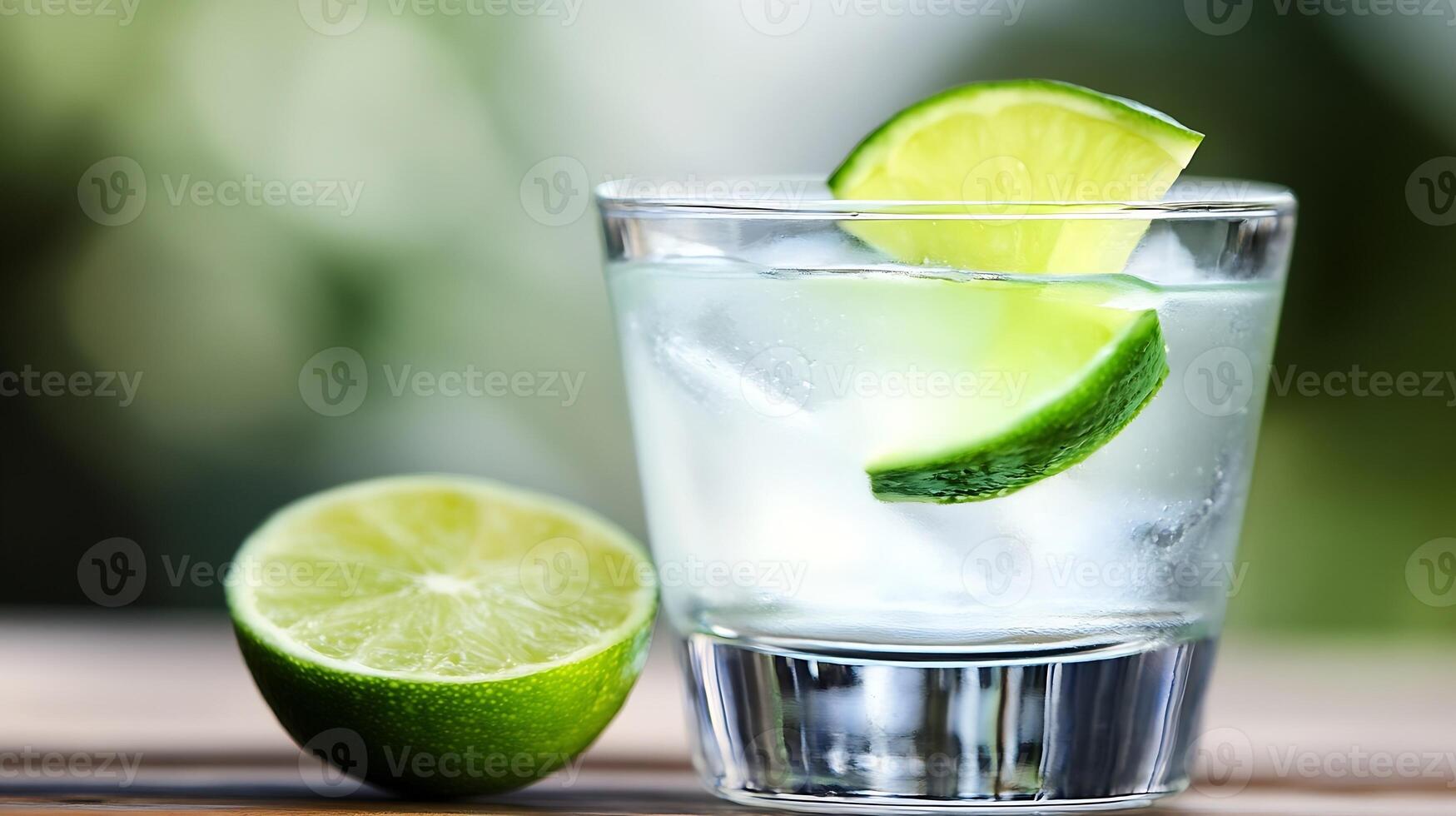 Refreshing Lime Drink with Ice Garnished with Lime Slices on Wooden Table Outdoors photo