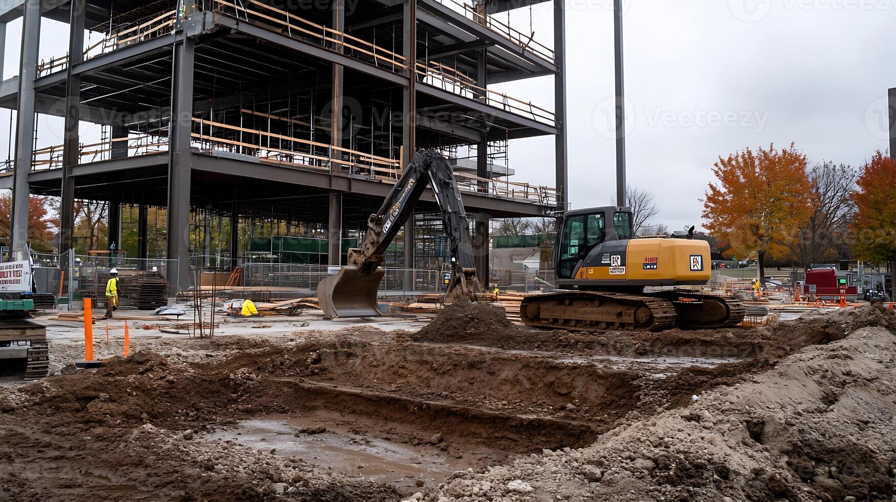 Steel Structure and Excavation at Modern Construction Site with Autumn Foliage photo