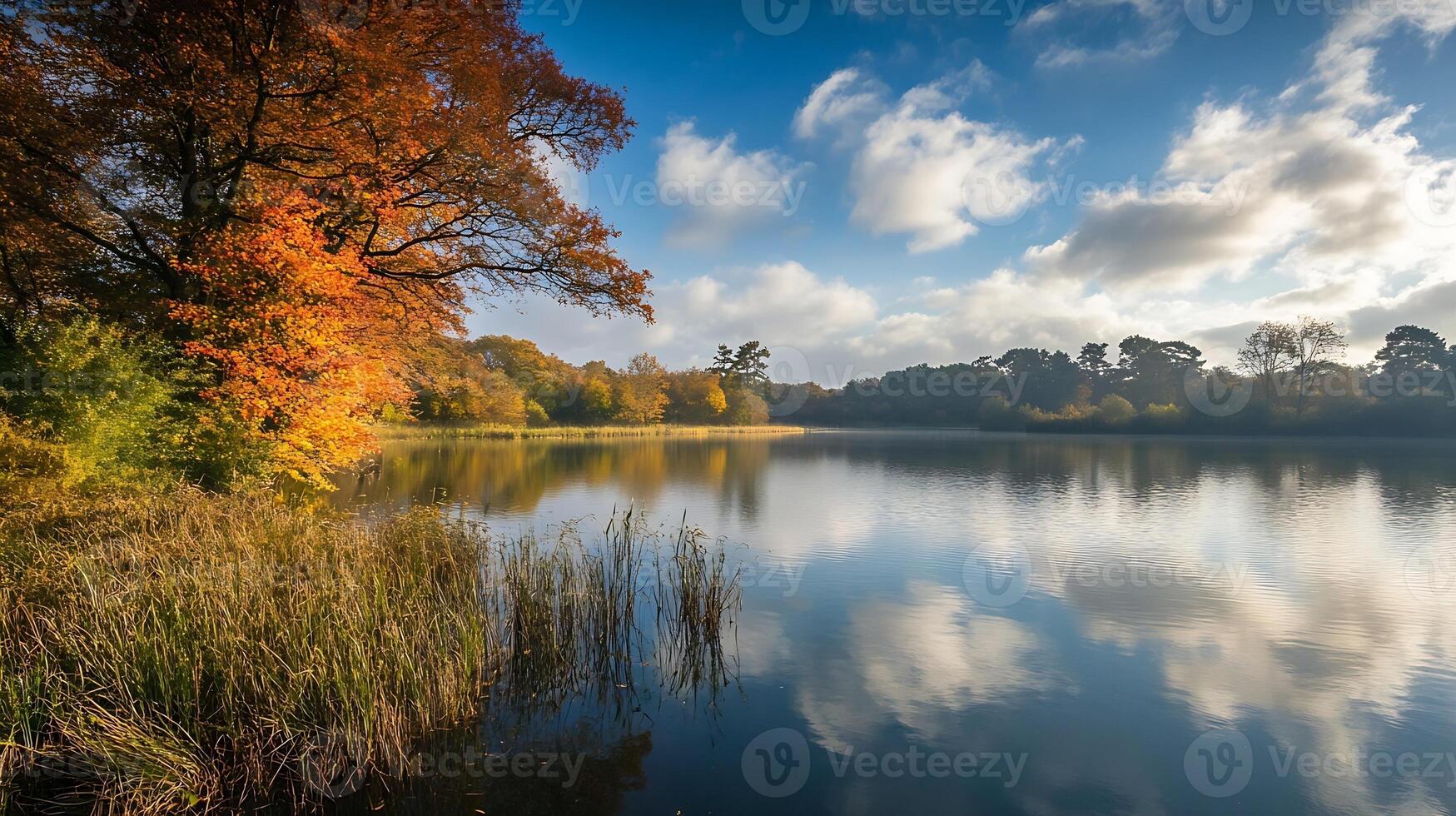 Tranquil Lakeside Scenery with Autumn Colors and Bright Blue Sky Reflected in Calm Waters photo