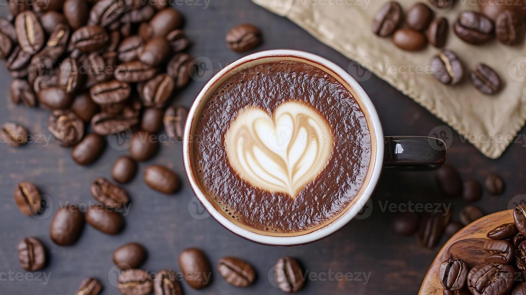 Artistic foam heart in warm cappuccino surrounded by dark brown roasted coffee beans on rustic table photo