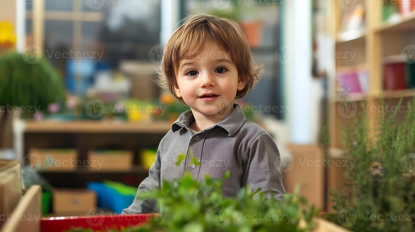 Curious Toddler Exploring Greenery Indoors in Montessori Inspired Setting photo