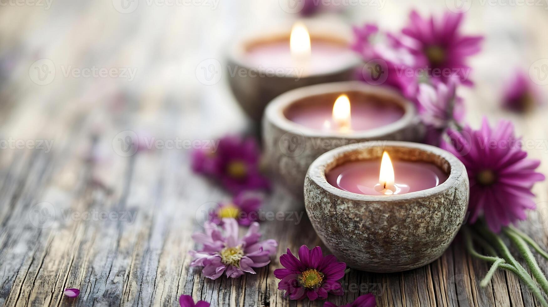 Serene Ambiance with Candles and Flowers on Rustic Wooden Table Surface photo