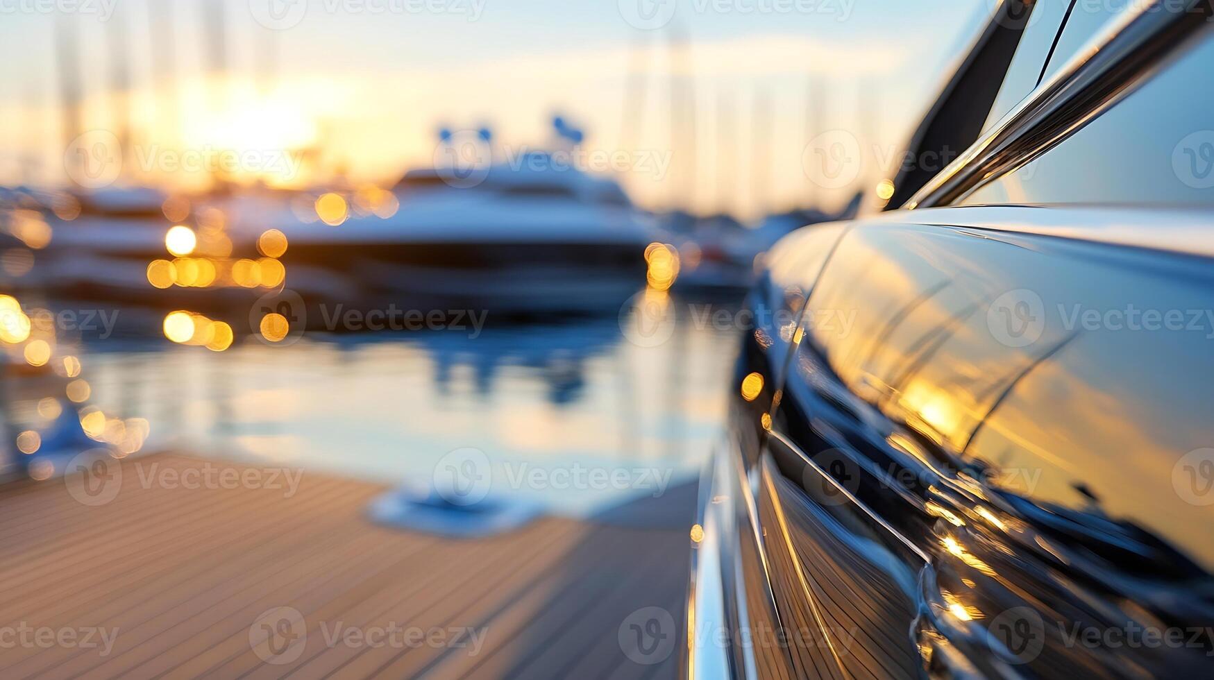 Reflections of Sunset on Luxury Yacht in Marina with Soft Bokeh Lights photo