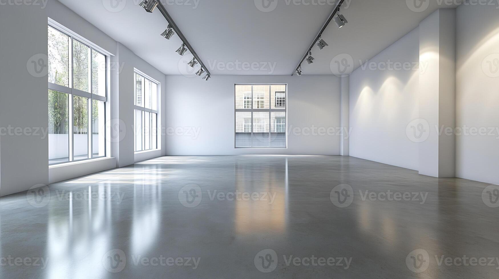 Modern Spacious Empty Gallery With Natural Light And Smooth Concrete Floor photo