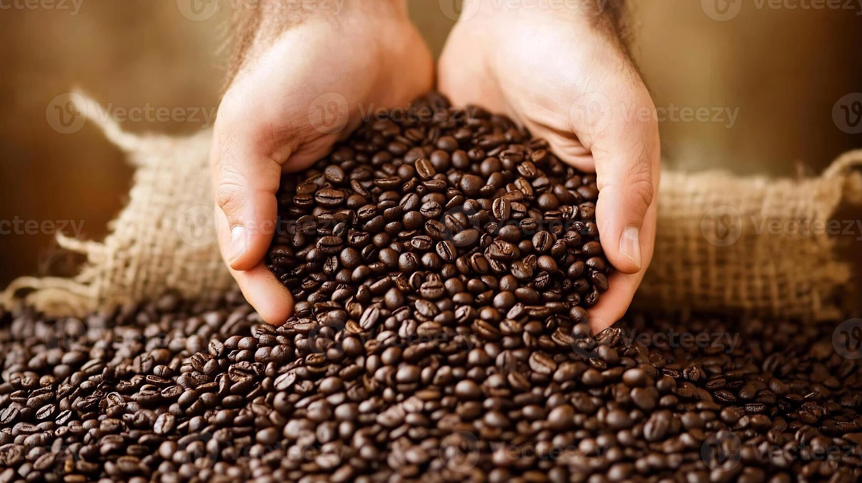 Hands Sifting Through Coffee Beans from Burlap Sack in Artisan Roastery photo