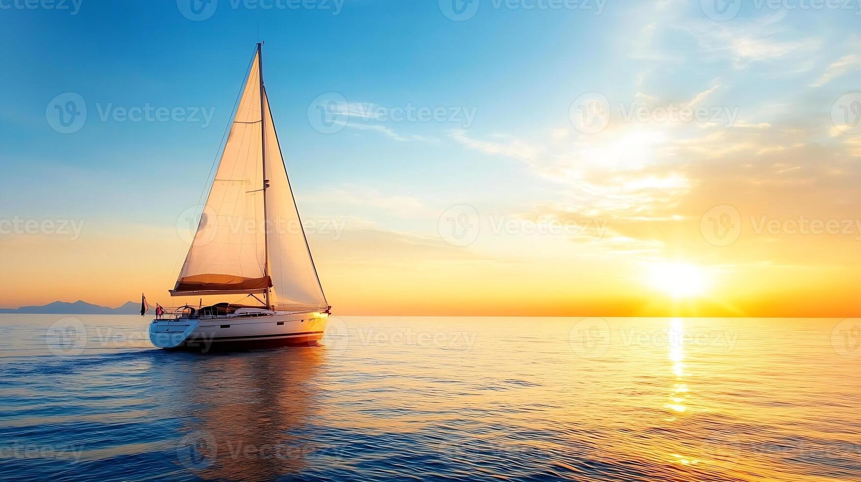 Sailing Yacht at Sunset on Open Ocean Capturing Golden Horizon and Vibrant Skies photo