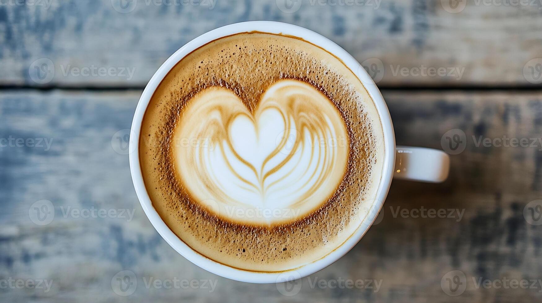 Closeup of Heart Shape Latte Art Coffee in White Cup on Rustic Wooden Table photo
