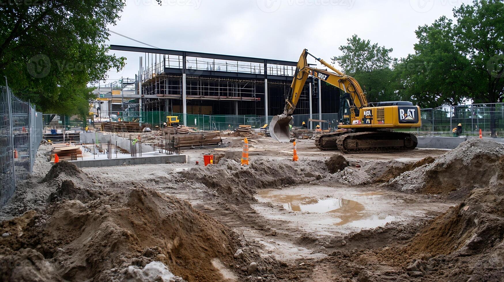 Construction site with excavators and steel frame building amidst groundwork preparations photo