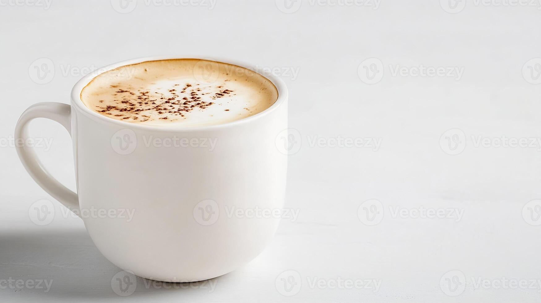 Minimalist Cappuccino Mug with Frothy Coffee and Cocoa on Light Background photo