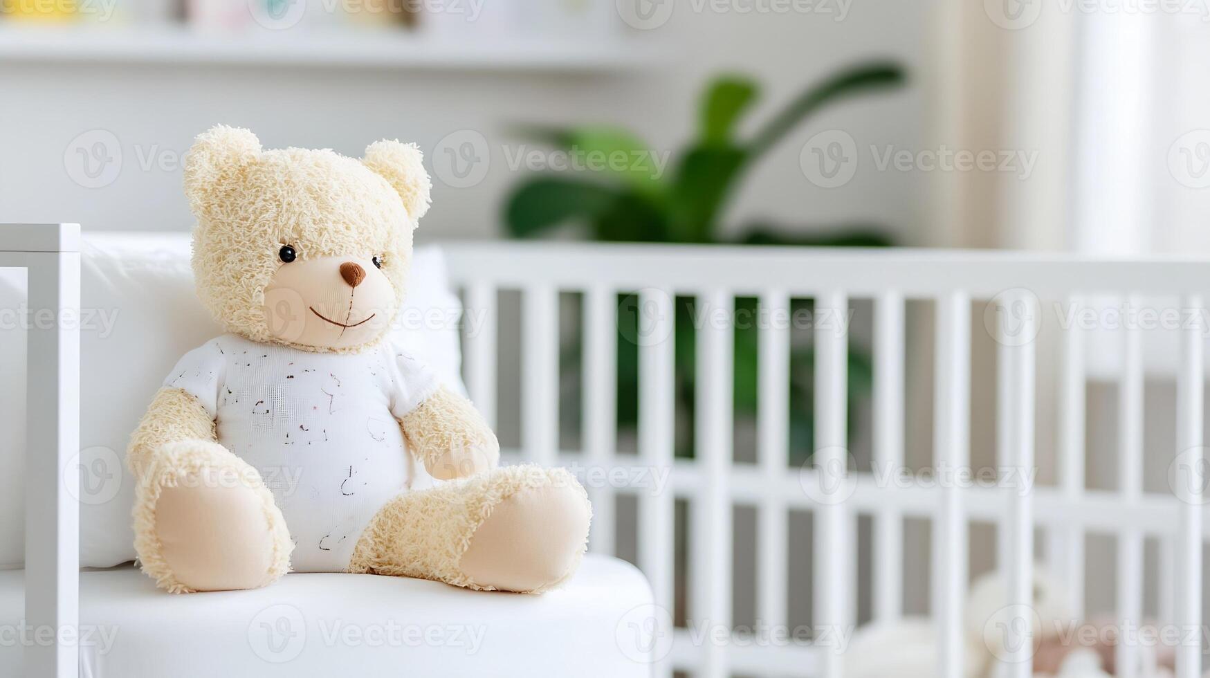 Charming Teddy Bear on White Bedding in a Minimalist Nursery Setting photo
