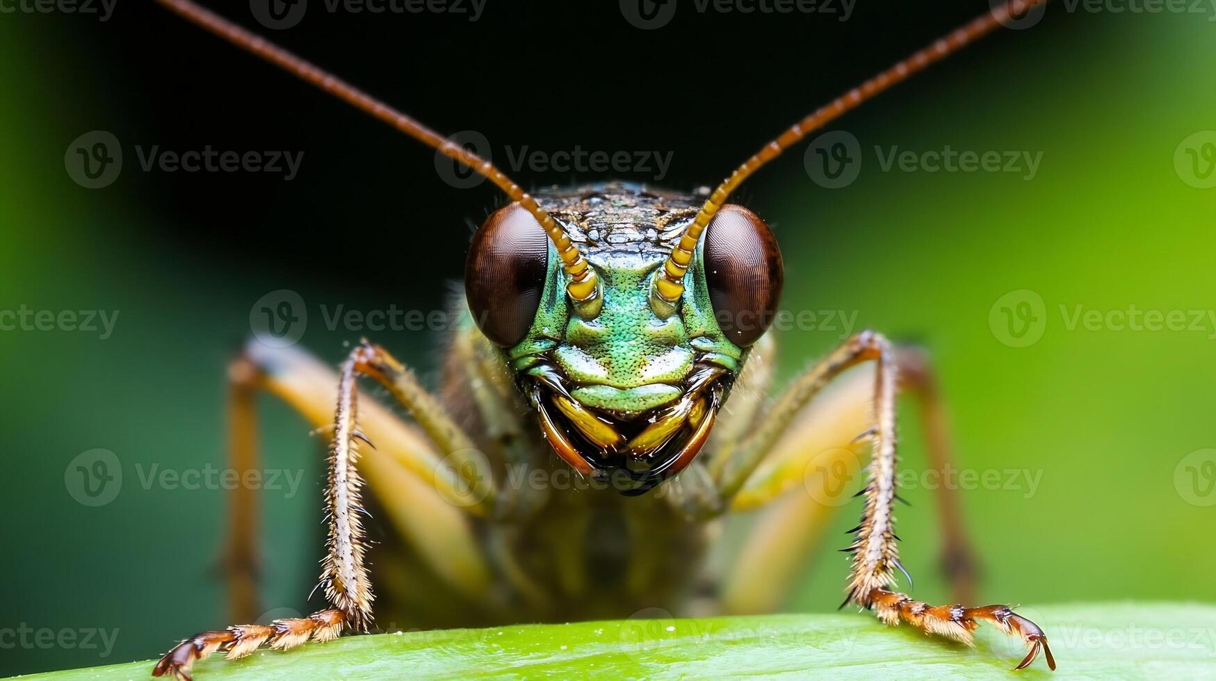 Macro shot of a vivid grasshopper on a bright green leaf highlighting details photo