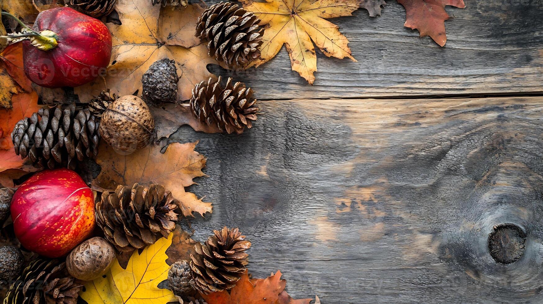 Autumn Leaves and Pine Cones on Rustic Wooden Table Surface photo