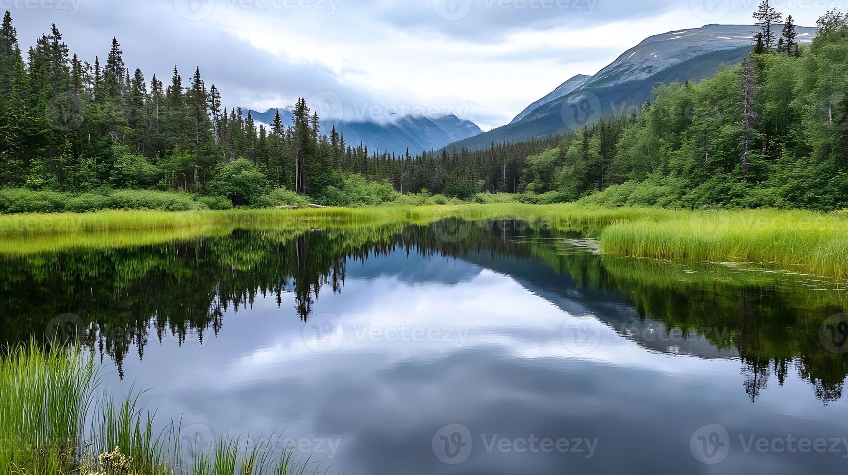 Scenic Forest Lake With Mountain Views and Lush Greenery photo