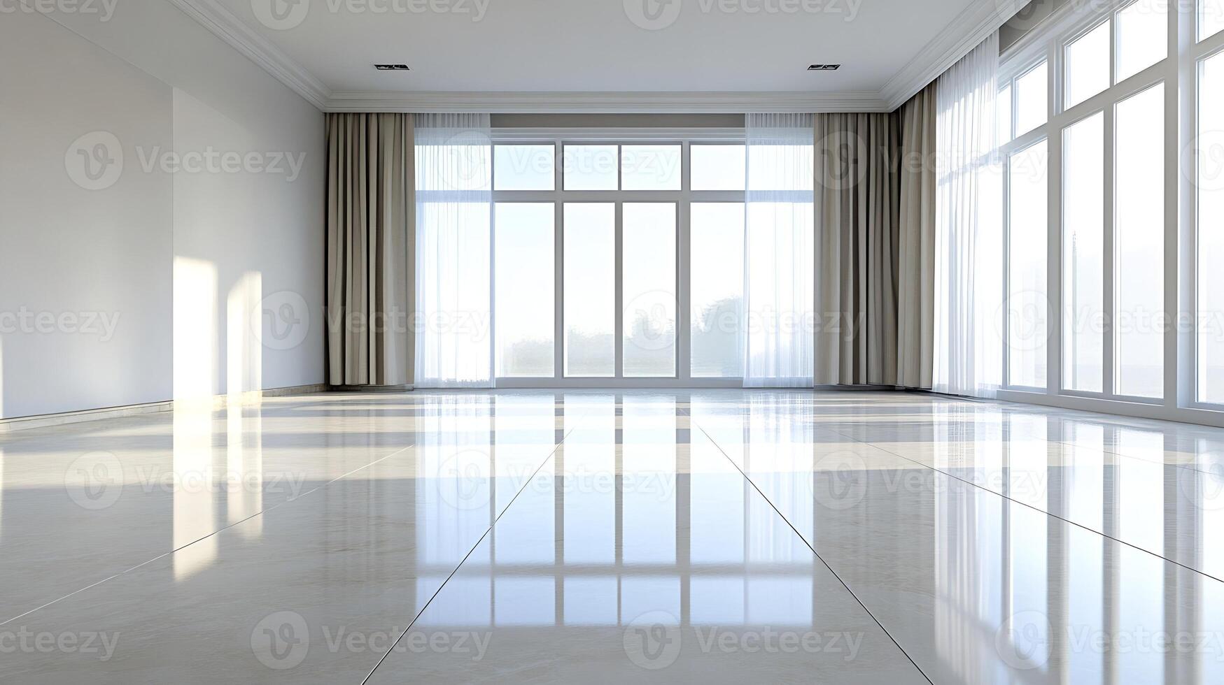 Minimalist Bright Room with Floor-to-Ceiling Windows and Gleaming Tiles photo