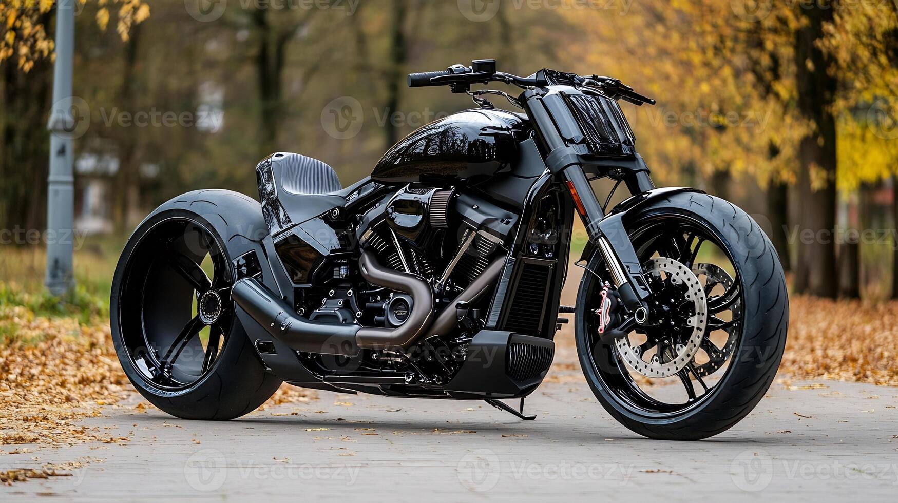 Sleek Black Custom Motorcycle in Autumn Park Setting with Fallen Leaves photo